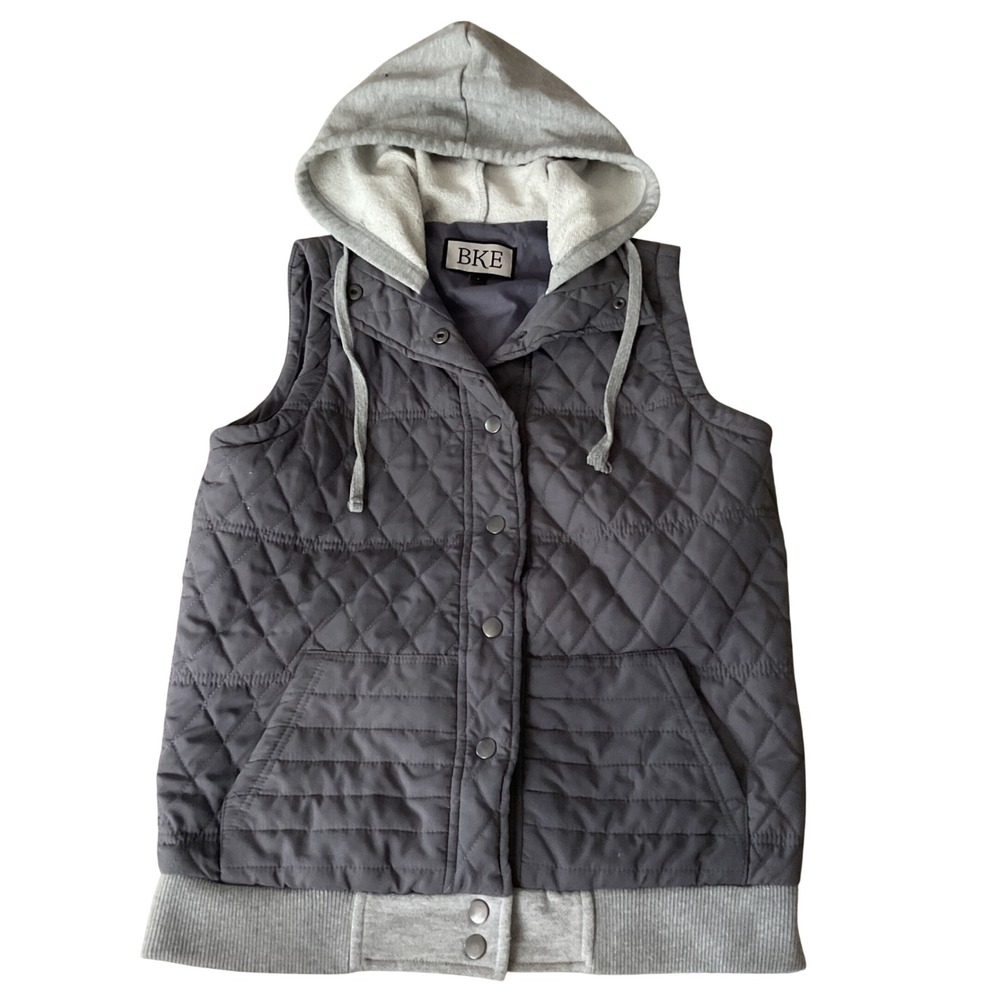 BKE Womens Gray Quilted Puffer Vest with Jersey Hood Snap Front Charcoal‎